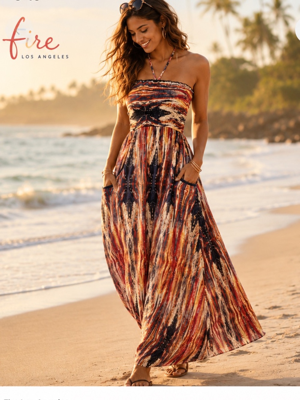 Fire LA, Halter Dress Smocked Bodice Boho Festival Ikat Print Pockets Size S